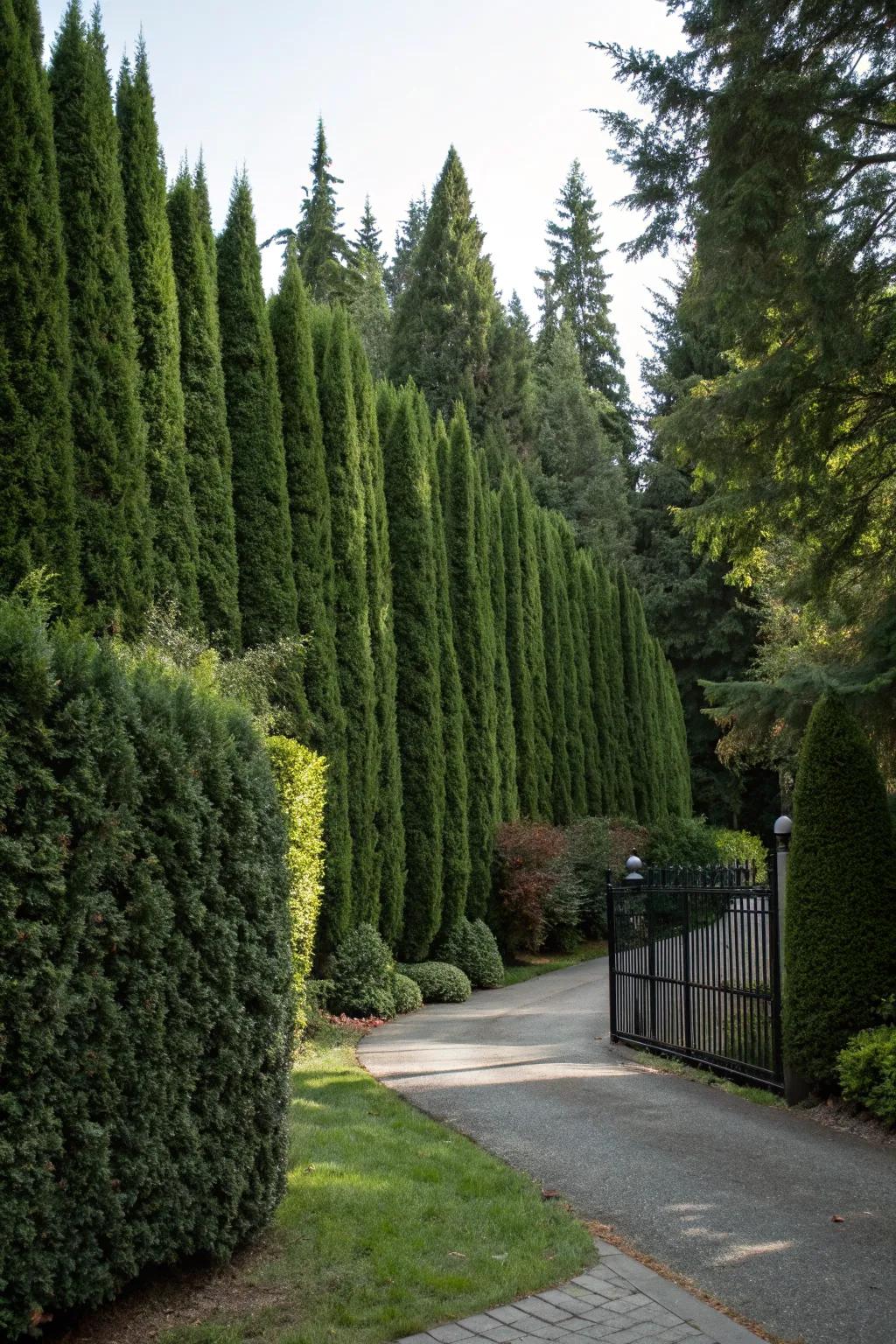 Tall evergreen hedges as a natural privacy barrier.
