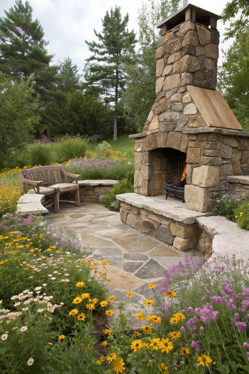 A rustic stone fireplace bringing natural charm to an outdoor corner.