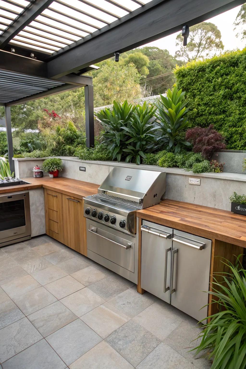 An L-shaped outdoor kitchen offers both style and functionality.