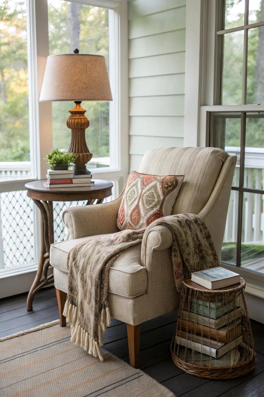 A cozy reading nook on a corner porch.