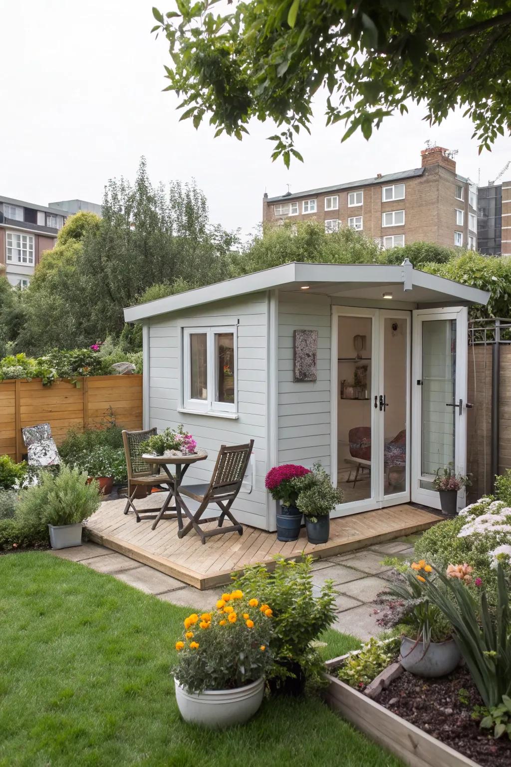 Maximize your garden space with a compact corner summer house.