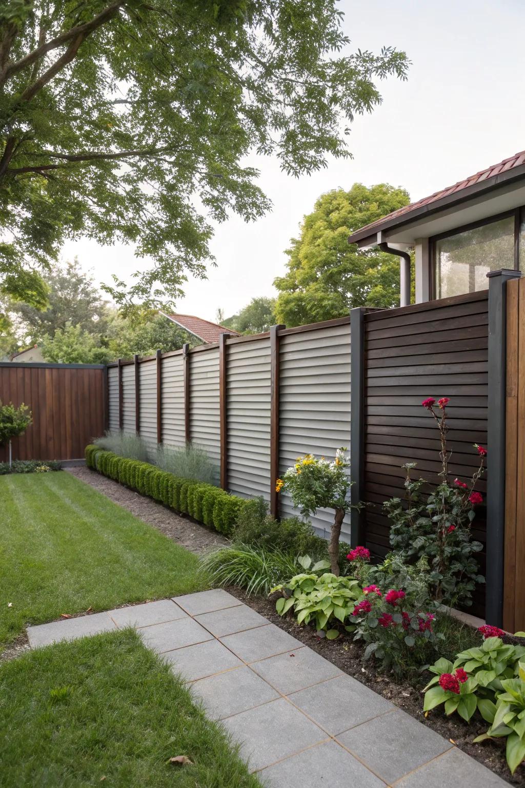 Horizontal corrugated metal panels framed in wood create a modern touch to any garden.