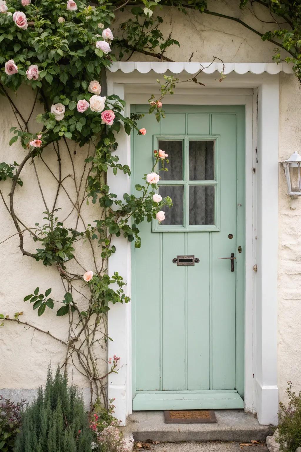 A pastel mint green door framed by climbing roses.