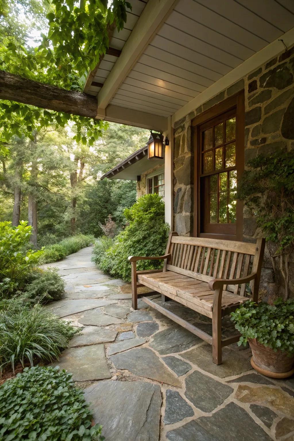 A cozy cottage porch featuring natural wood and stone elements.