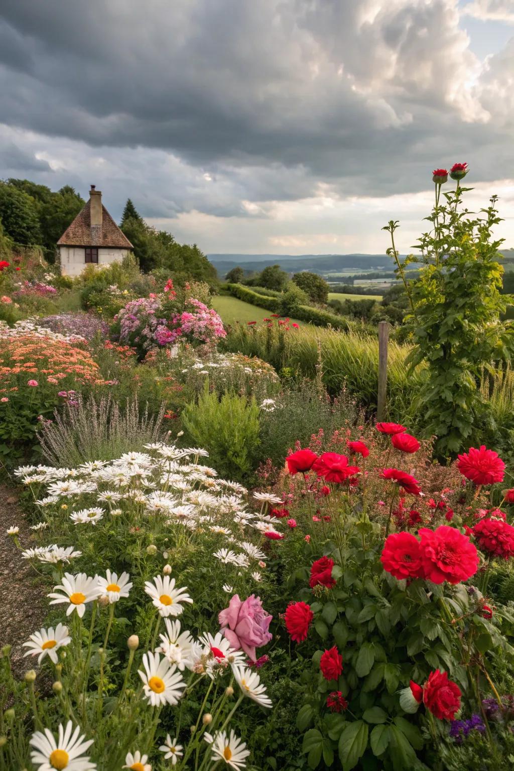 A vibrant cottage garden flower bed bursting with color and life.