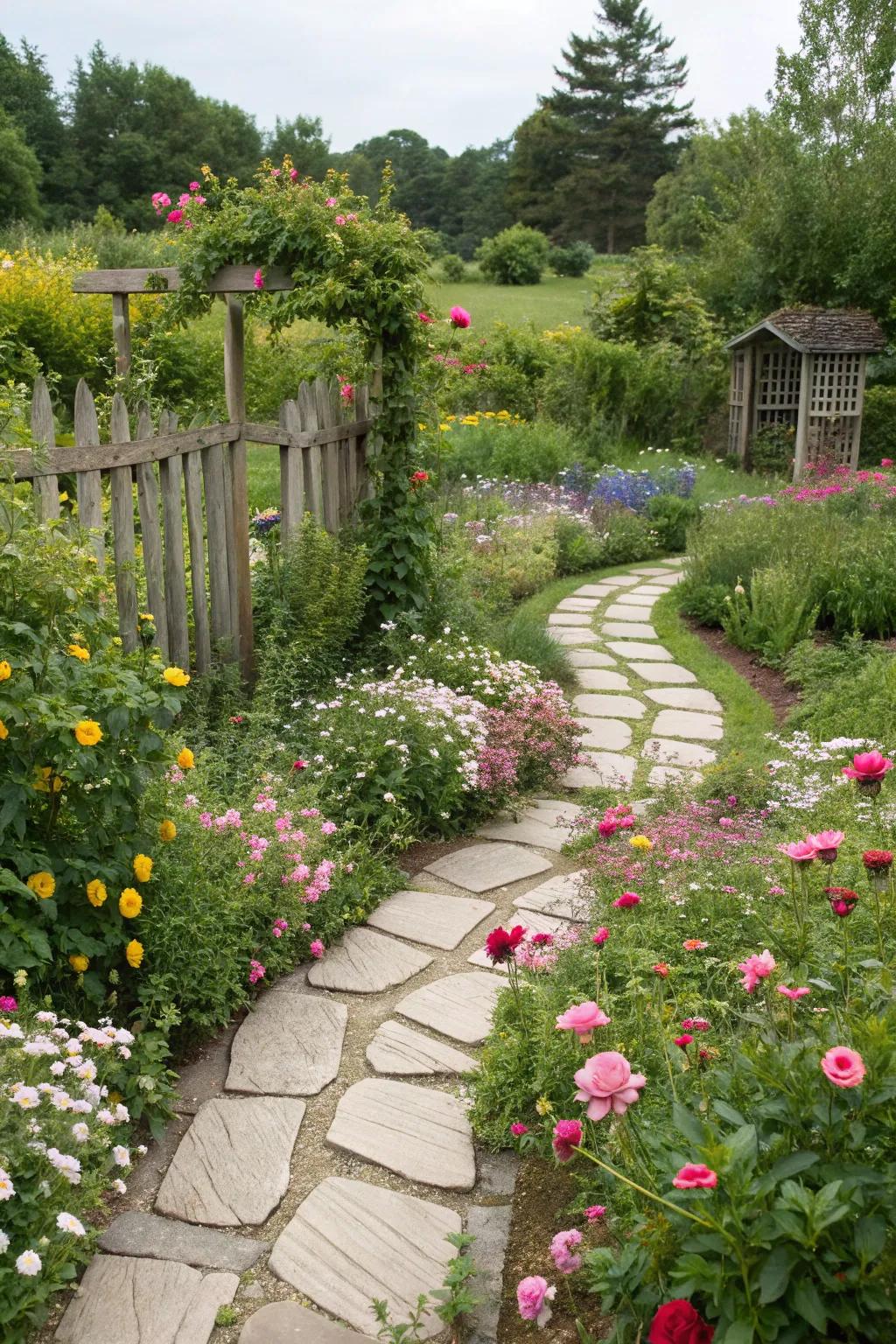 Stepping stones creating a whimsical path through a colorful garden.