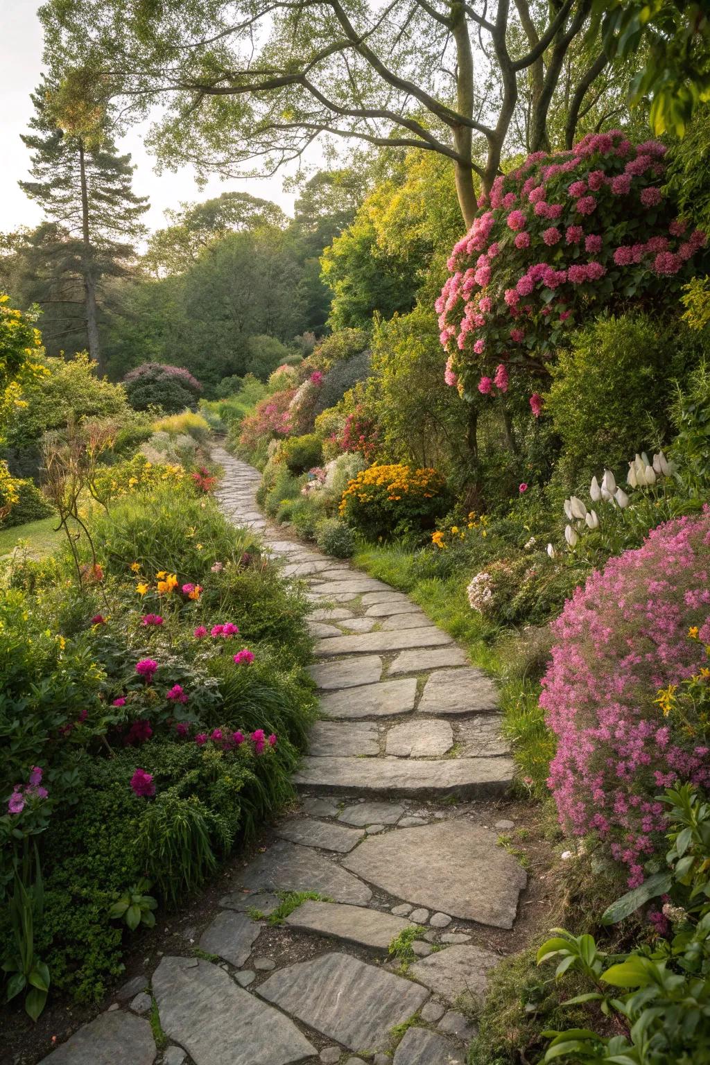 A natural stone pathway meandering through a vibrant cottage garden.