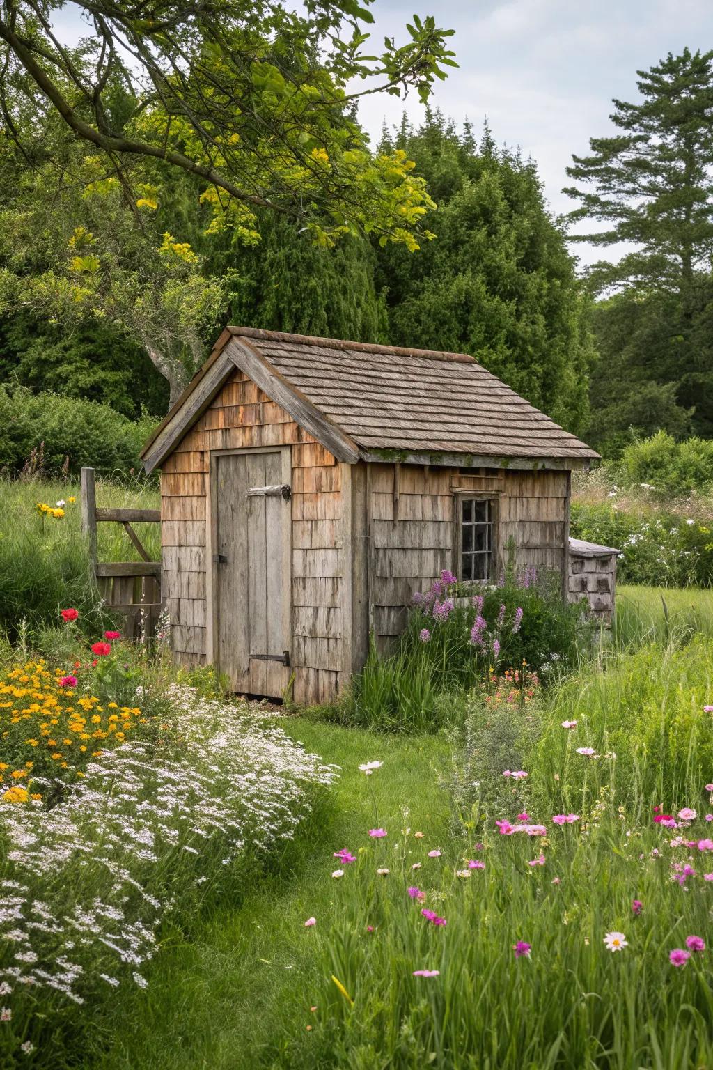 A rustic wooden shed seamlessly blending with its garden surroundings.
