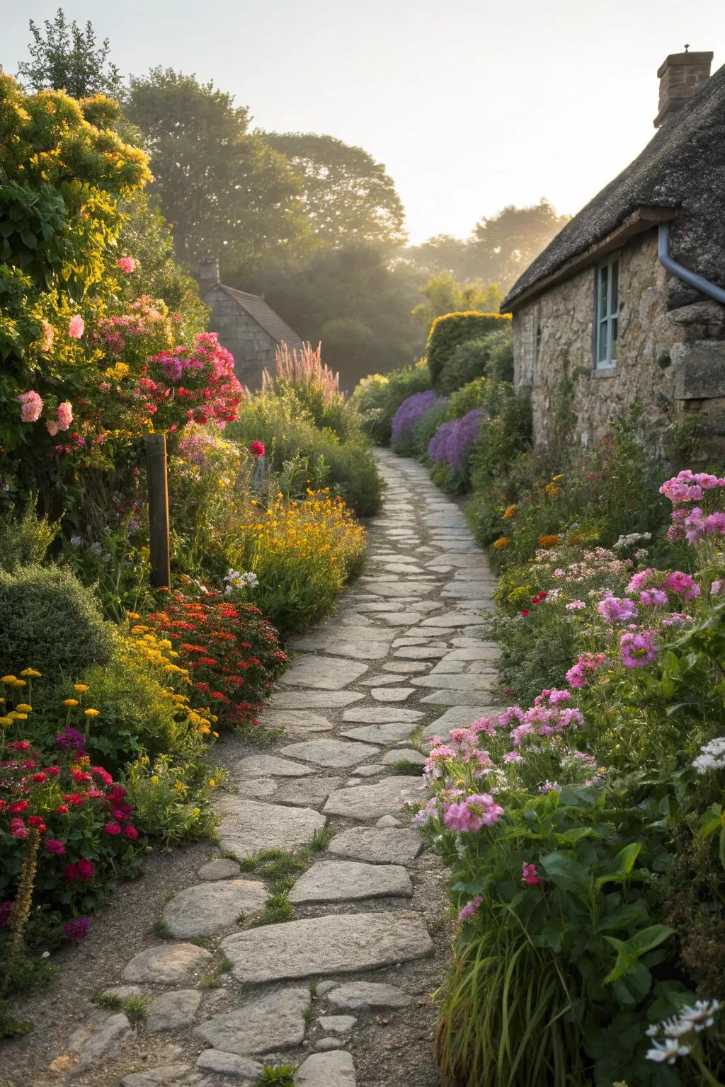 A winding stone pathway in a cottage garden, surrounded by lush flowers.