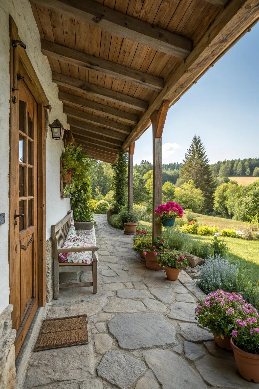 Rustic wood and stone elements create a timeless cottage appeal.
