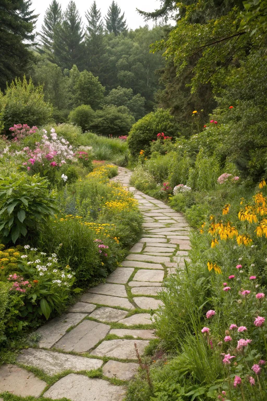 A stone pathway meanders through a blooming cottage garden.