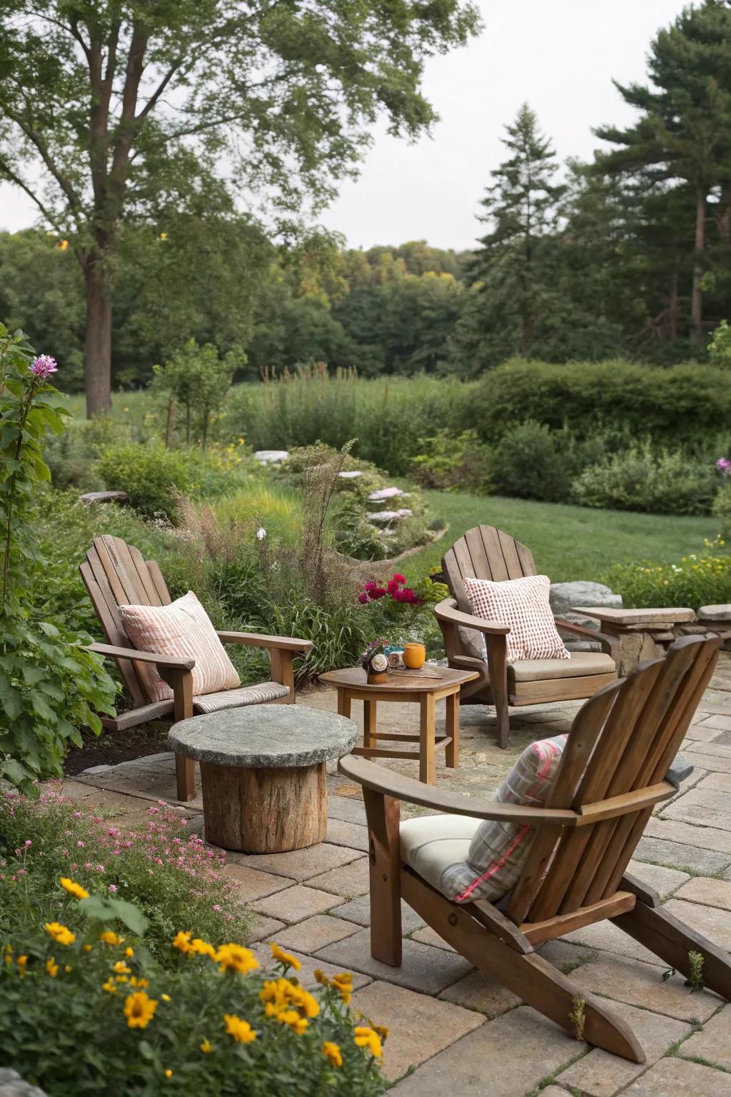 Relax in a rustic seating area with comfortable Adirondack chairs.