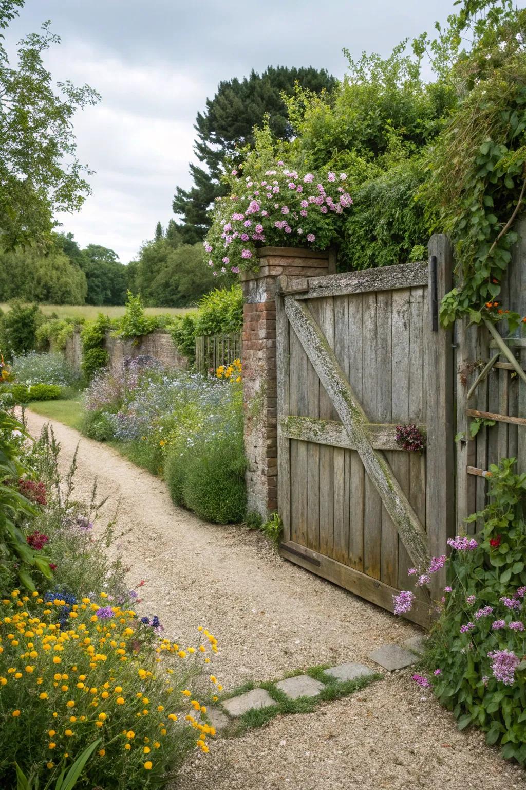 A charming wooden gate complementing the natural landscape.