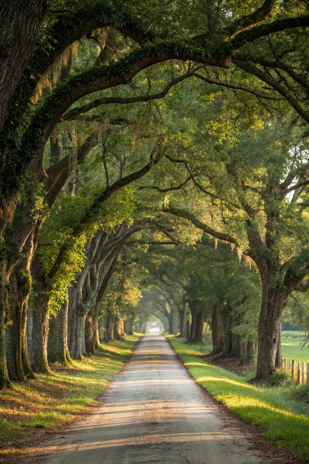 A stunning tree-lined driveway creating a natural canopy overhead, perfect for a serene entrance.