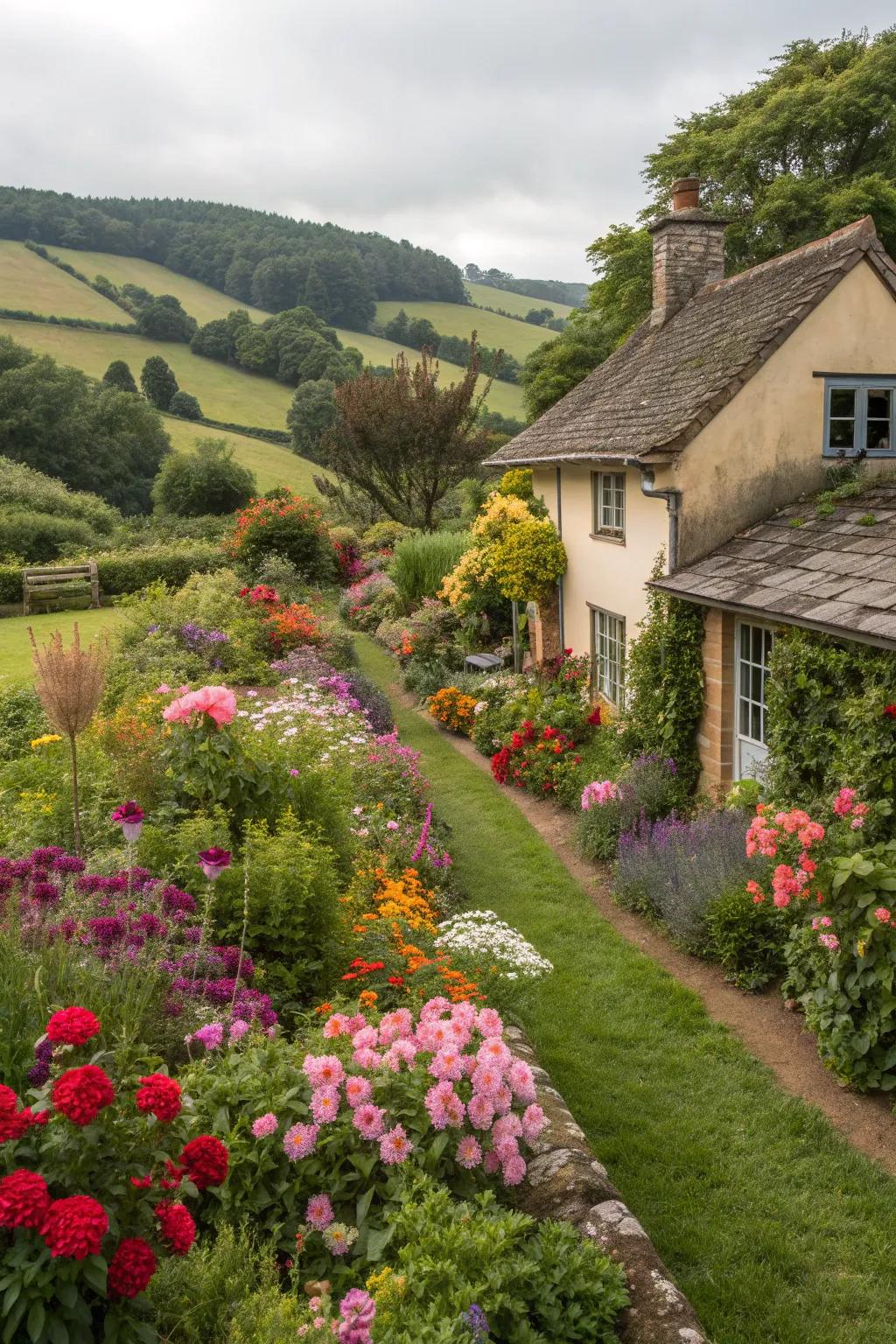 A delightful cottage garden with vibrant flowers encircling a cozy home.
