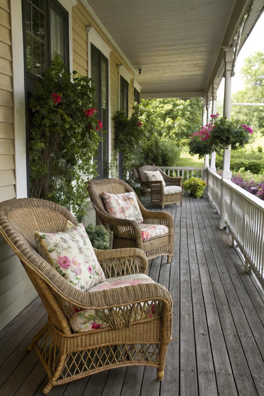 Wicker chairs with patterned cushions offer a cozy seating area.