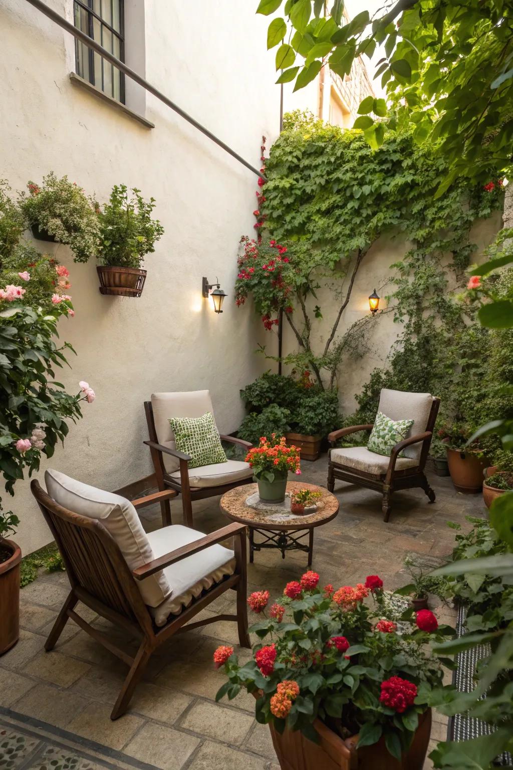 A charming seating area perfect for relaxation in a quaint courtyard.