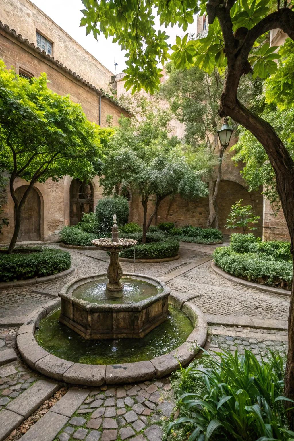 A peaceful courtyard enhanced by a soothing water feature.