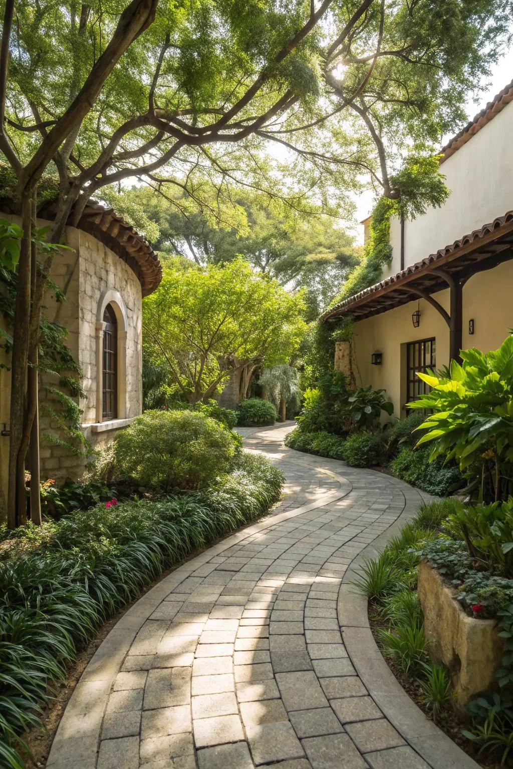 A stone pathway gracefully divides the courtyard's verdant landscape.