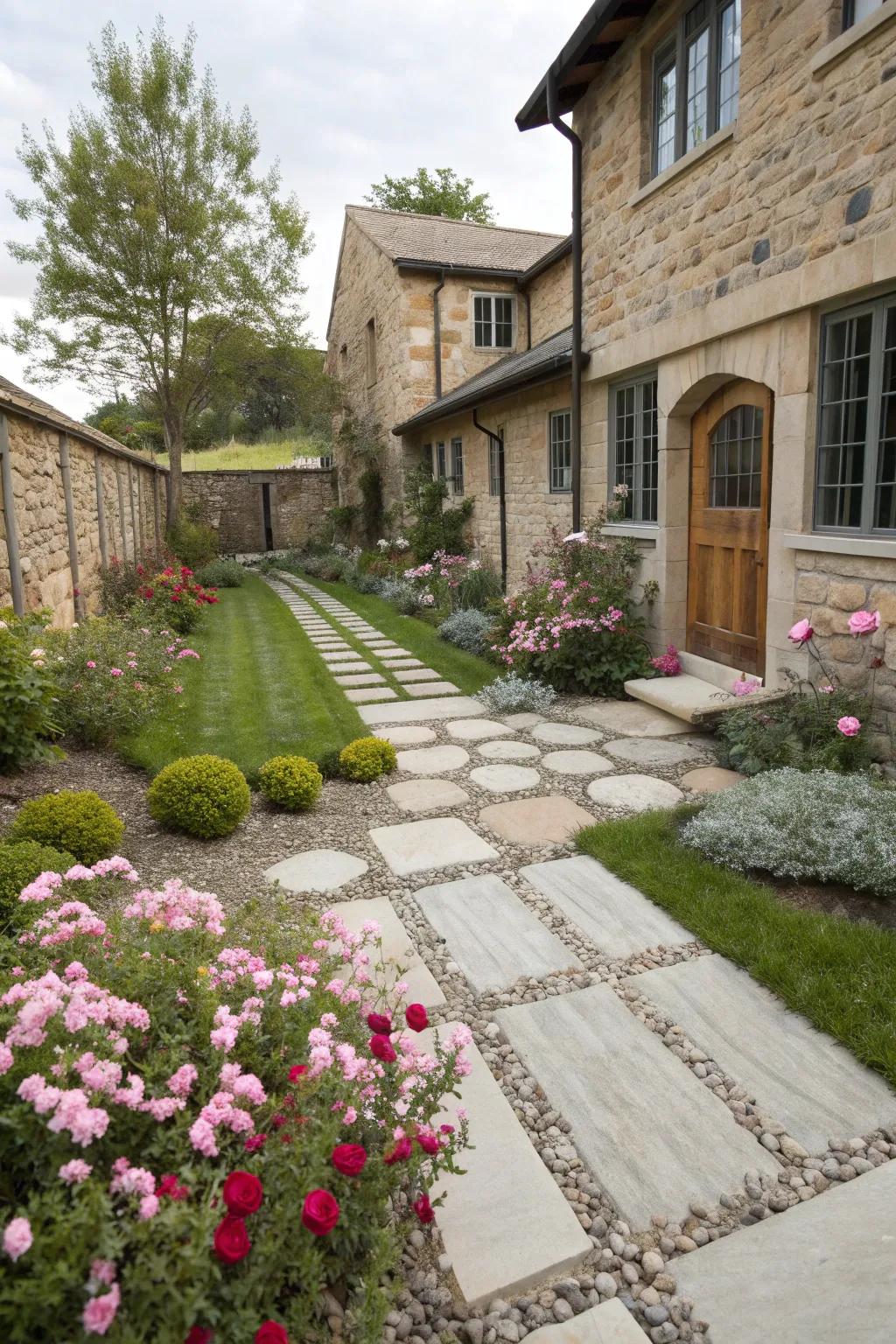 A courtyard featuring a harmonious blend of stone, gravel, and grass.
