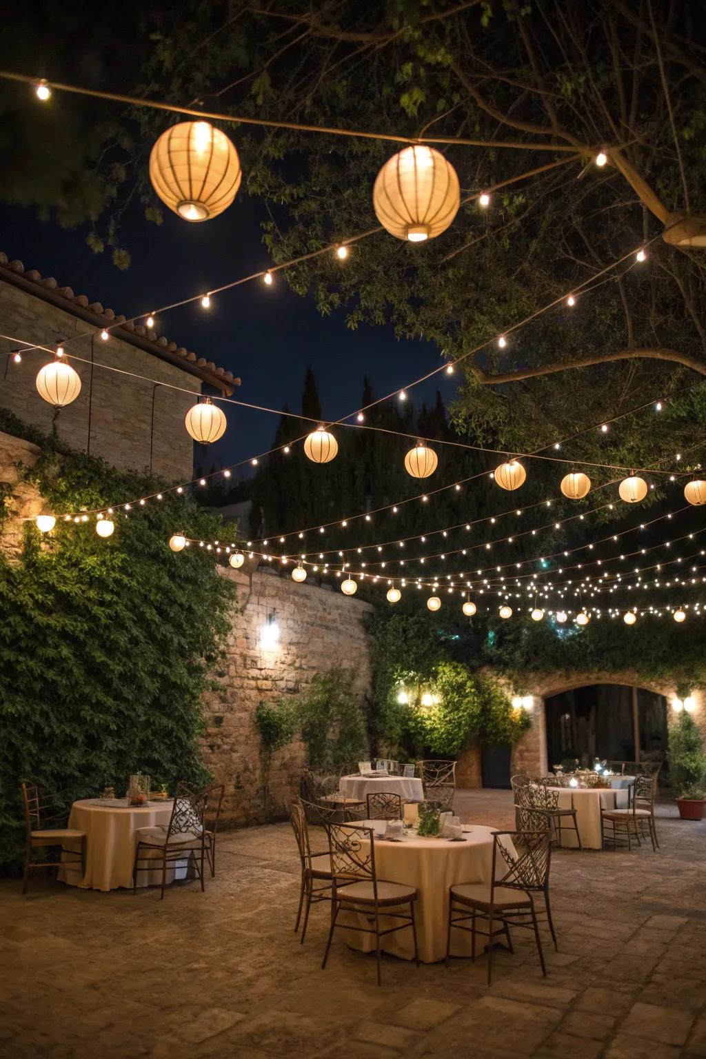 String lights and lanterns cast a magical glow across the courtyard.