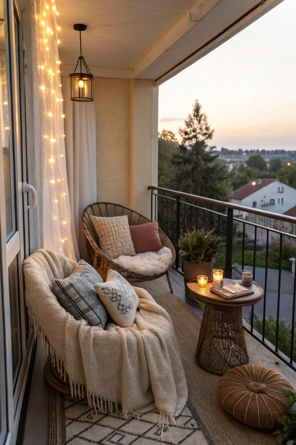 A cozy nook on the balcony invites relaxation.