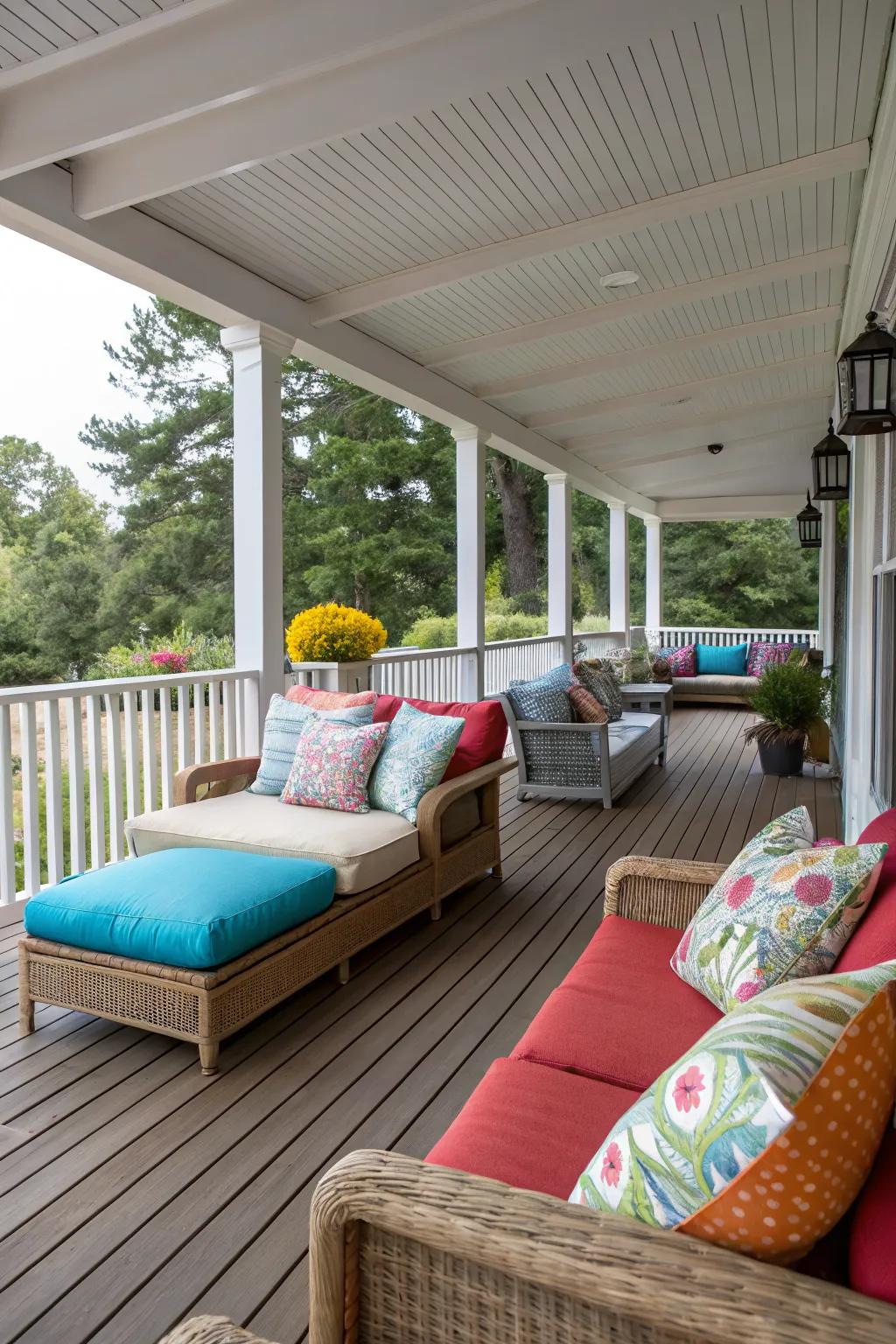 A comfortable seating area with sofas and loungers on a covered deck.