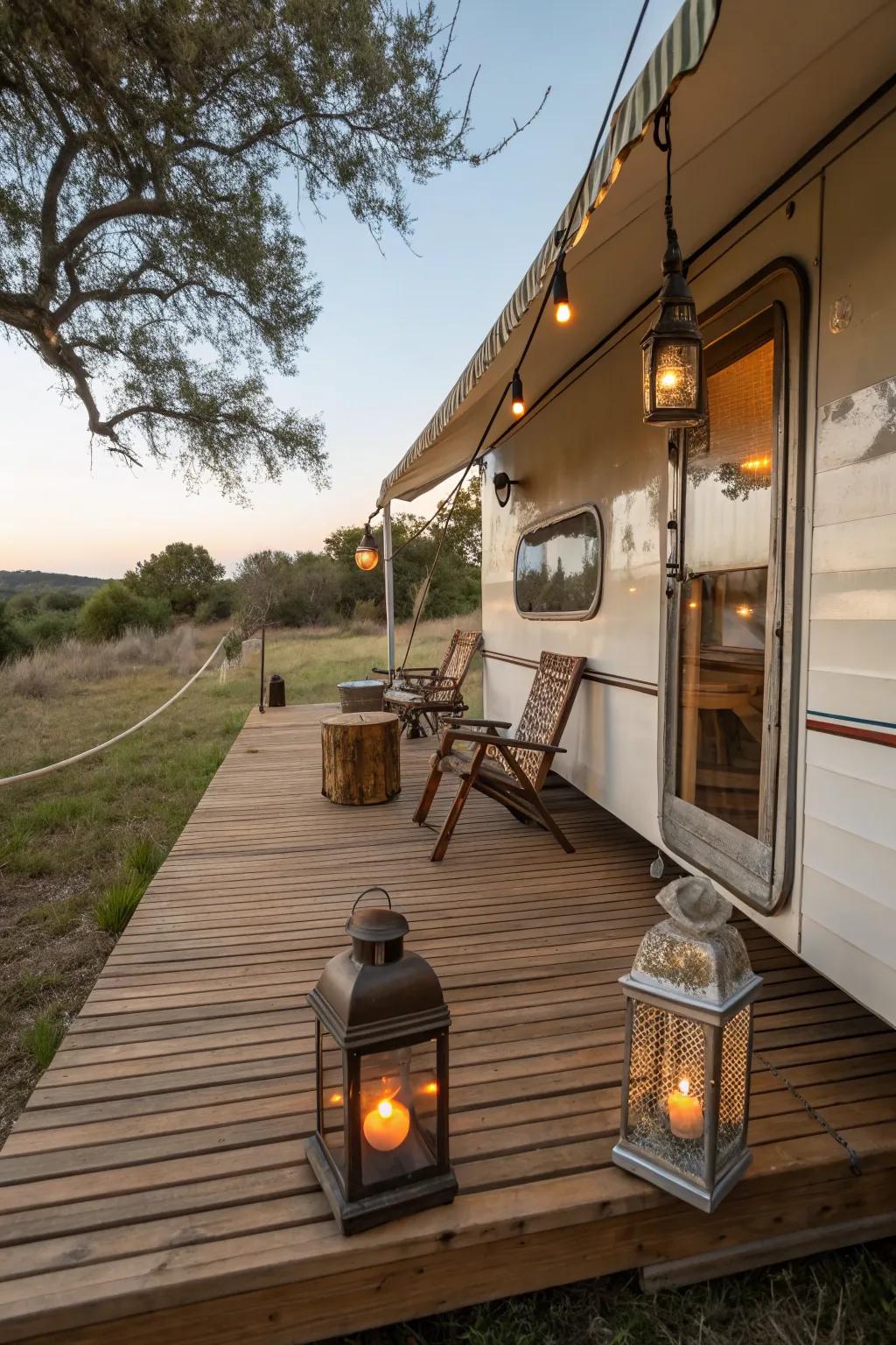Rustic wooden deck with vintage elements, creating a warm and inviting atmosphere.