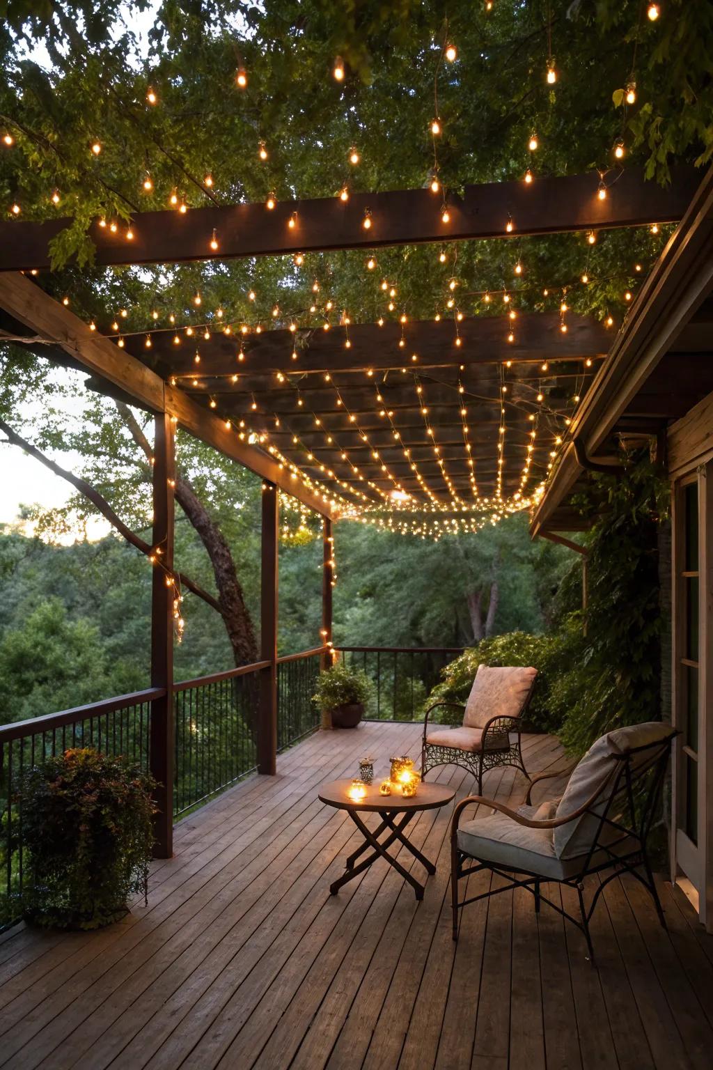 String lights draped across a covered deck ceiling create a twinkling canopy effect.