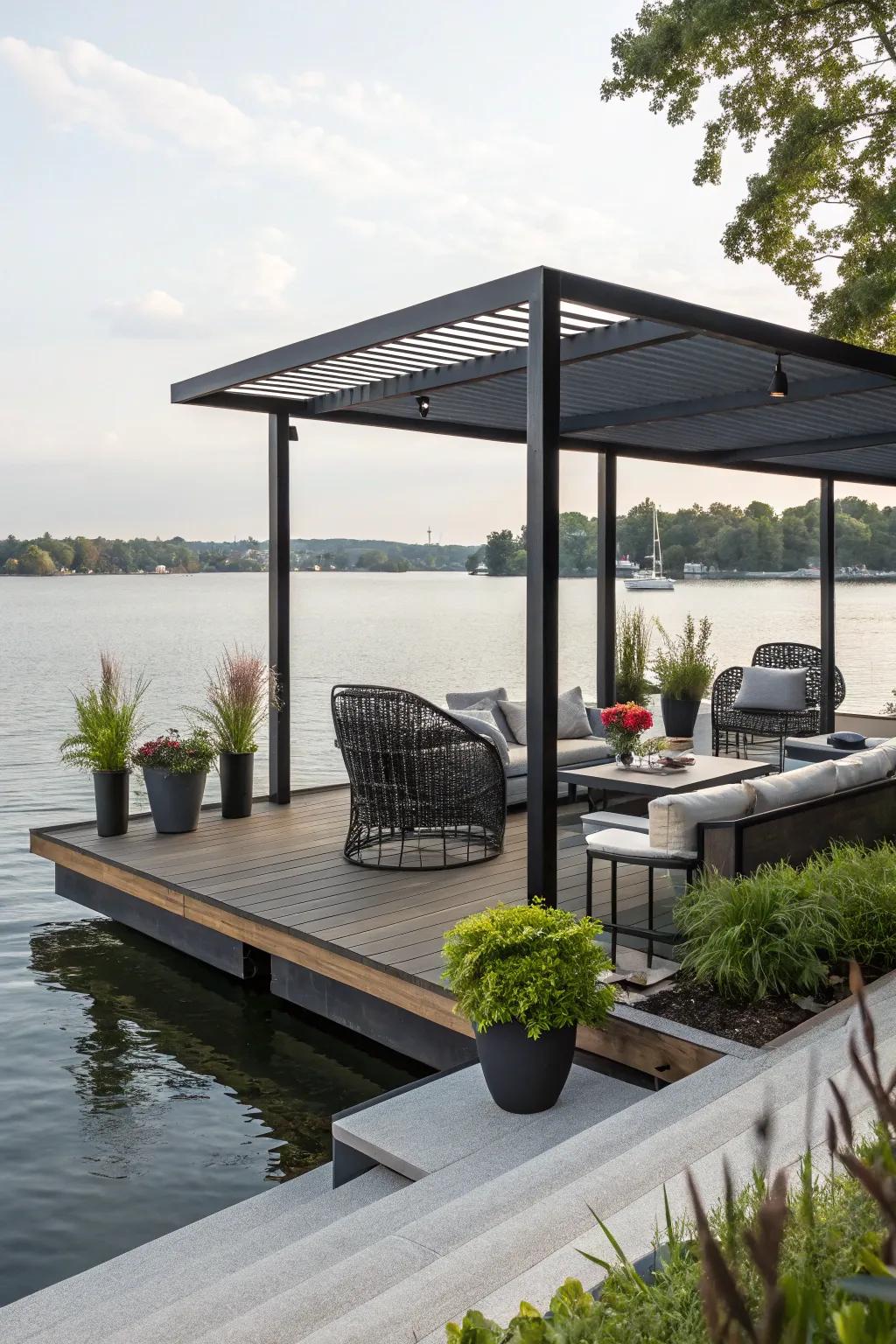 A modern pergola adds both elegance and functionality to your dock.