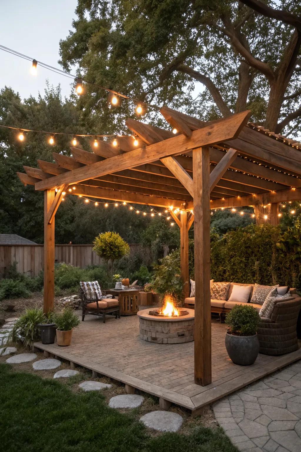 A pergola with string lights transforms your fire pit area into a magical evening retreat.