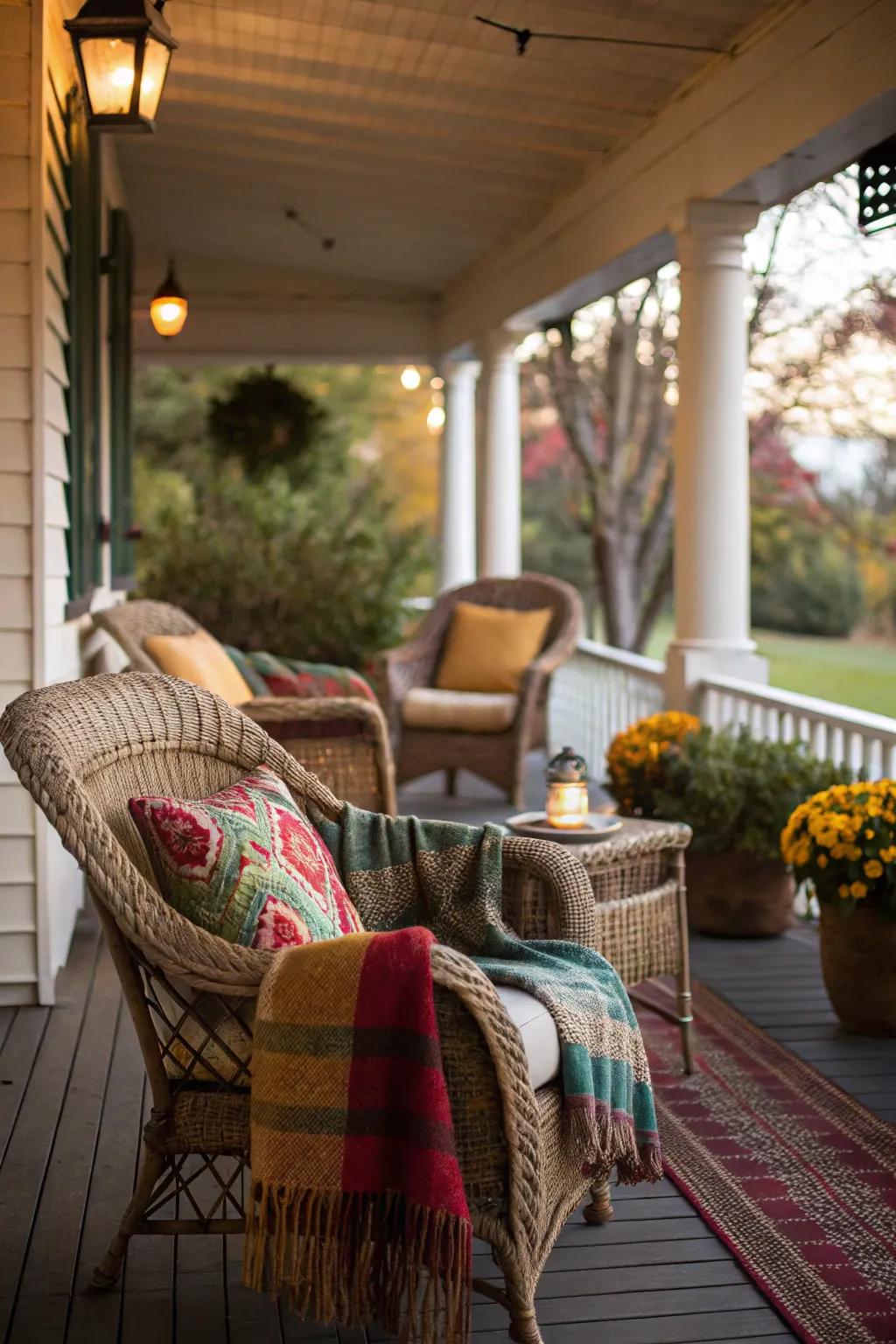 A cozy seating area with wicker chairs and vibrant cushions.