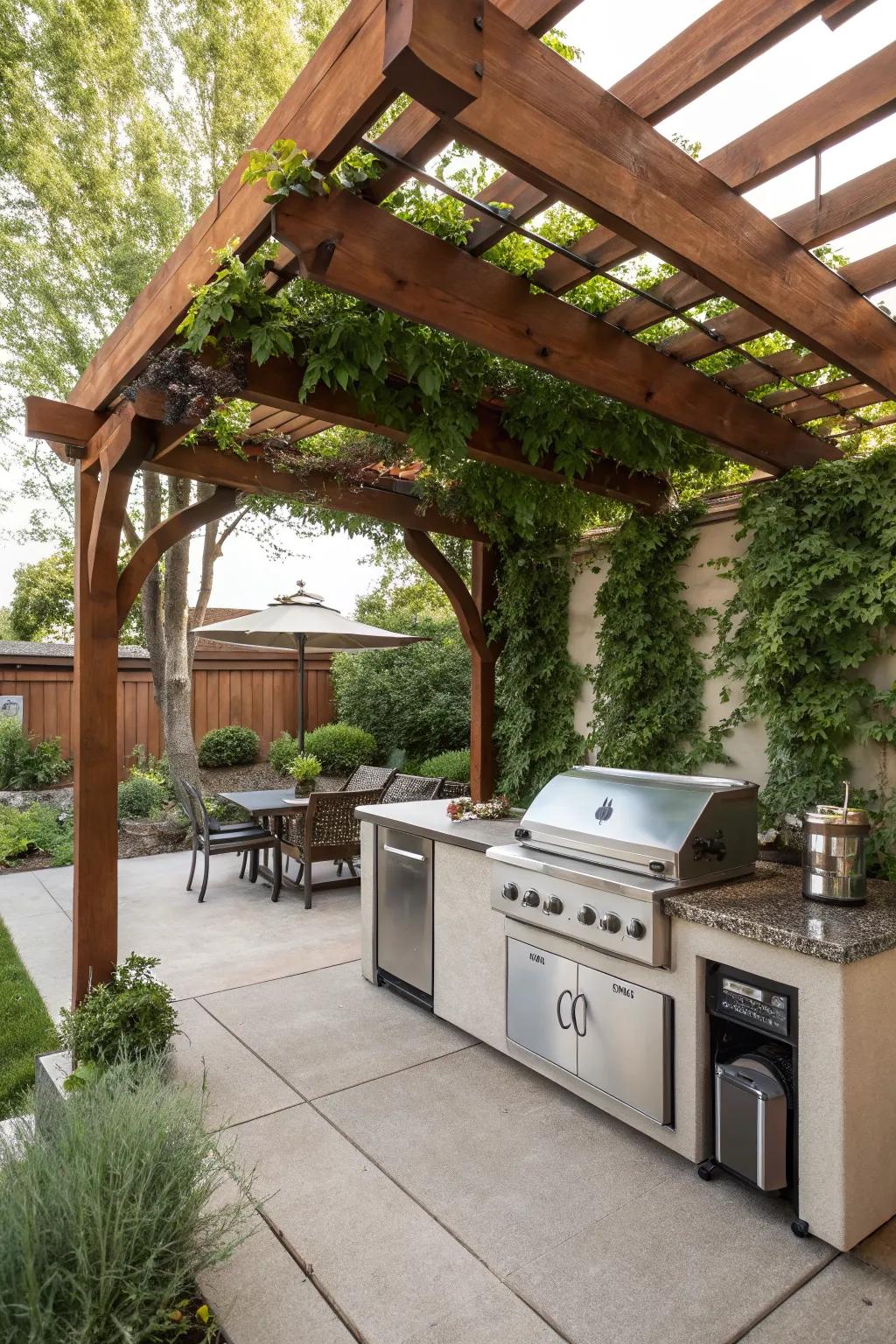 A pergola-covered grilling station with lush climbing plants.
