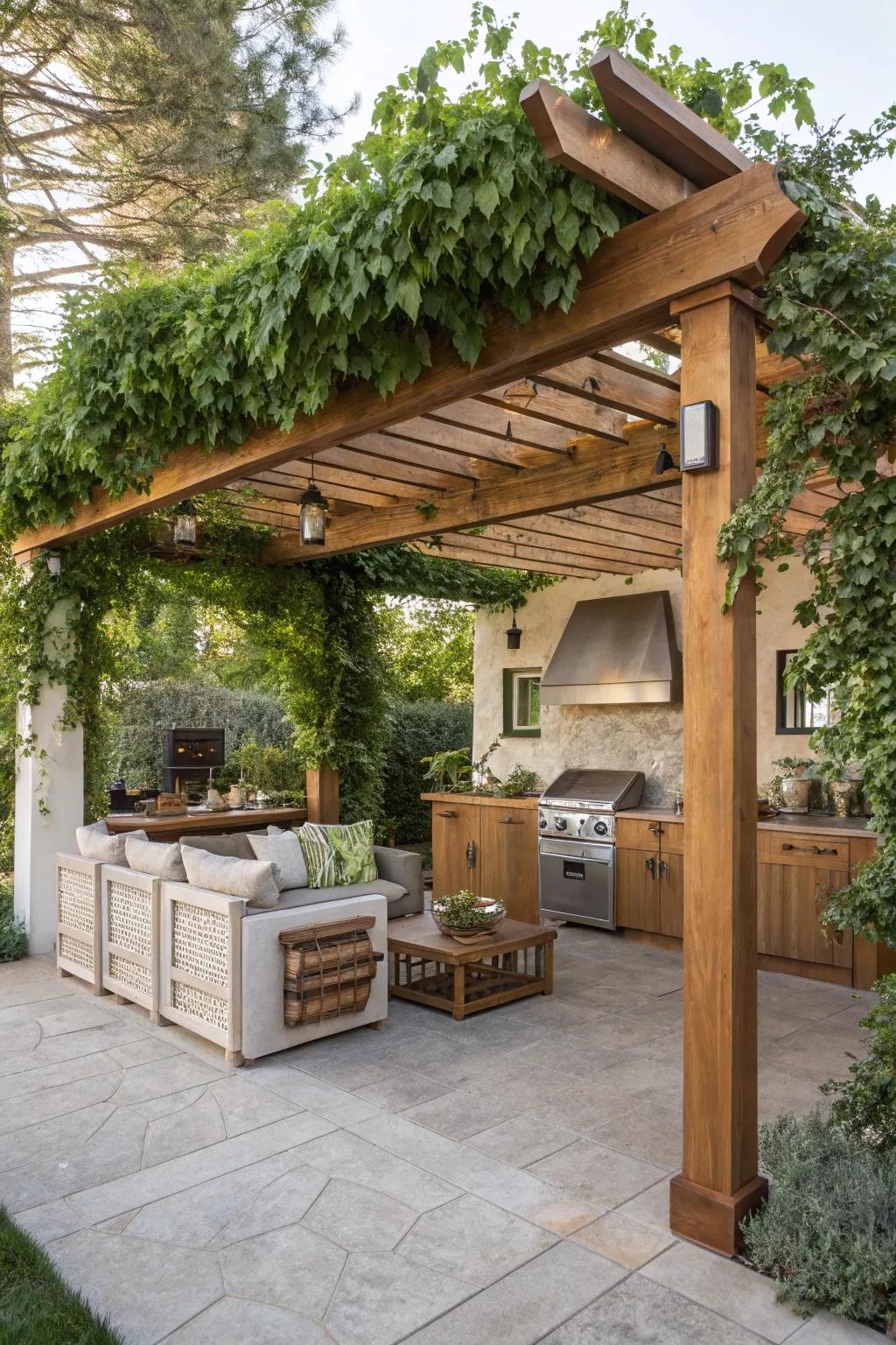 A wooden pergola creates a cozy and inviting outdoor kitchen space.