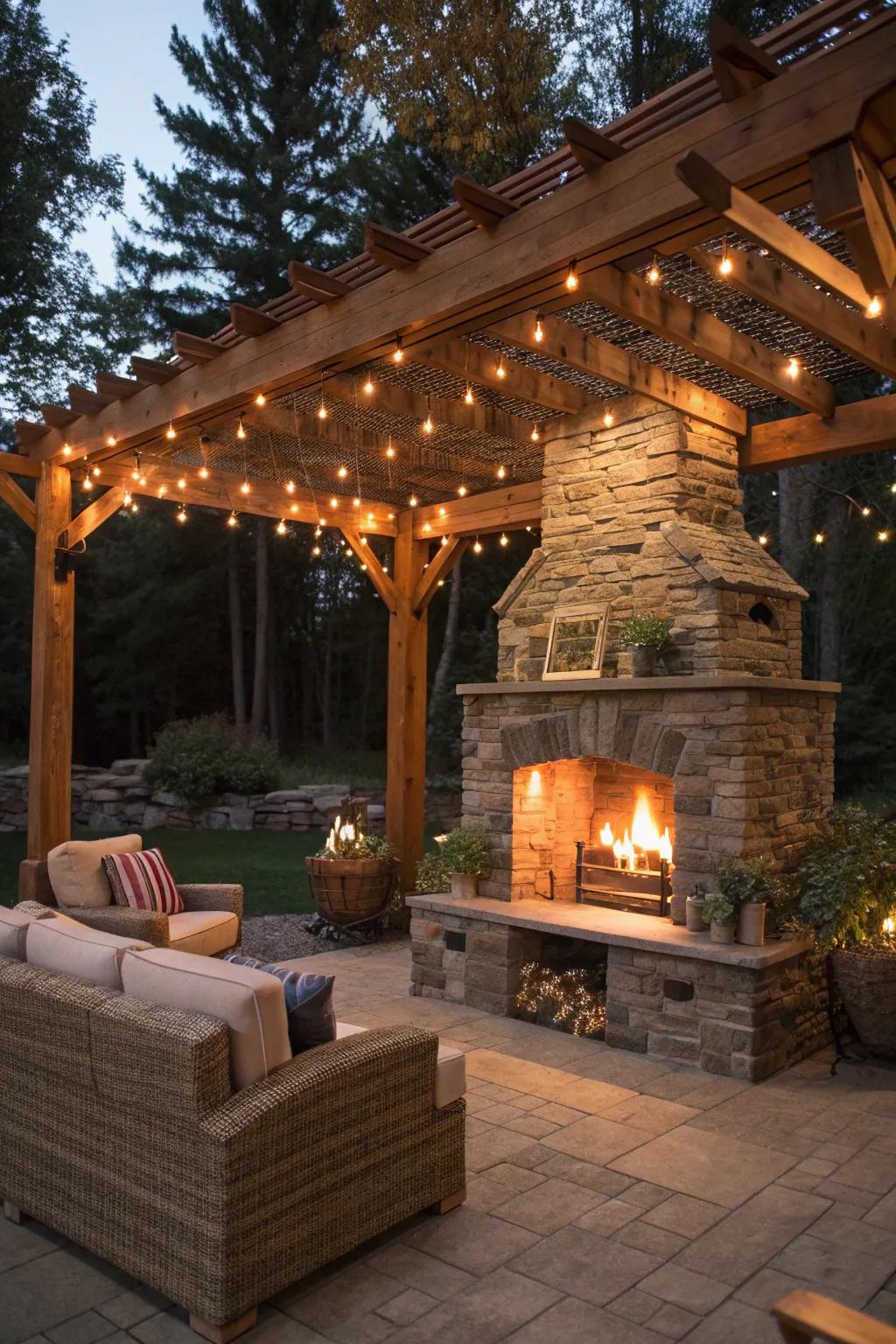 A rustic stone fireplace under a pergola offers both warmth and charm.