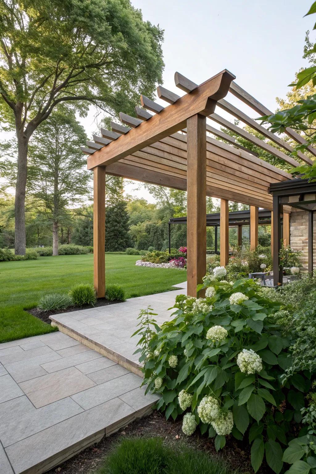 A modern wooden pergola adds elegance and warmth to your garden.