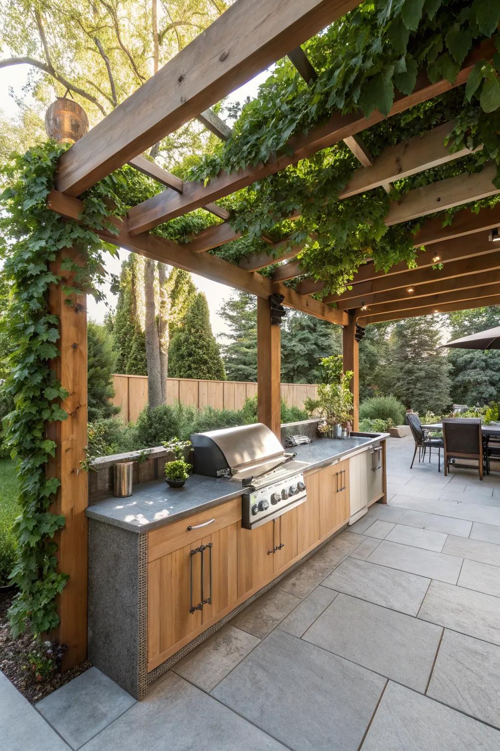 A charming pergola creates an inviting outdoor kitchen atmosphere.