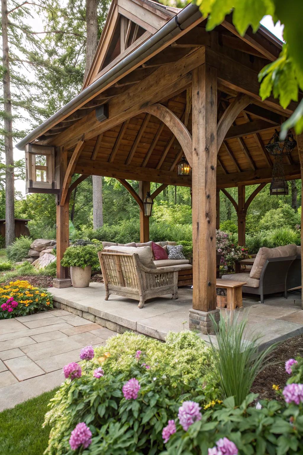 Embrace the timeless appeal of a rustic wooden pavilion.