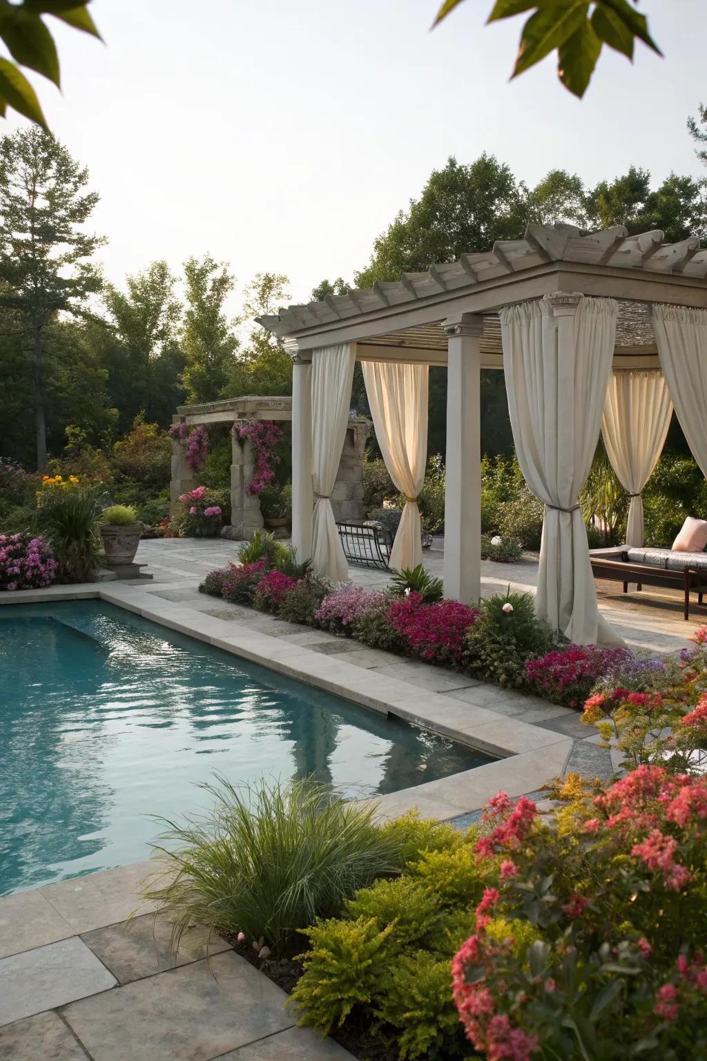 A classic pergola with drapes adds timeless charm and privacy.