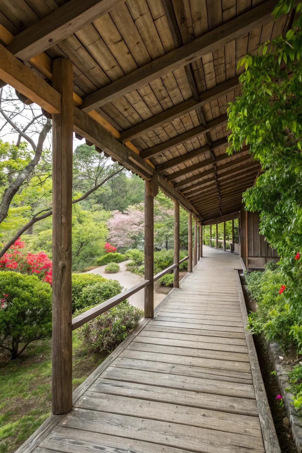 A rustic wooden walkway that blends seamlessly with nature.