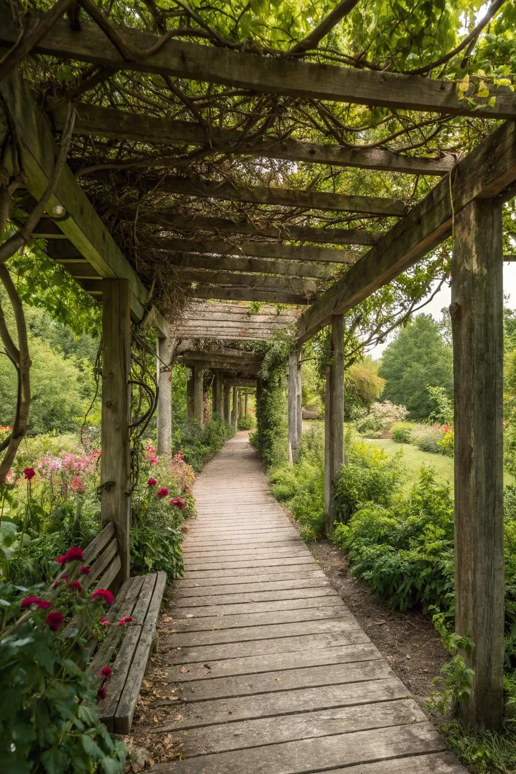 A wooden pergola walkway adorned with vibrant greenery.