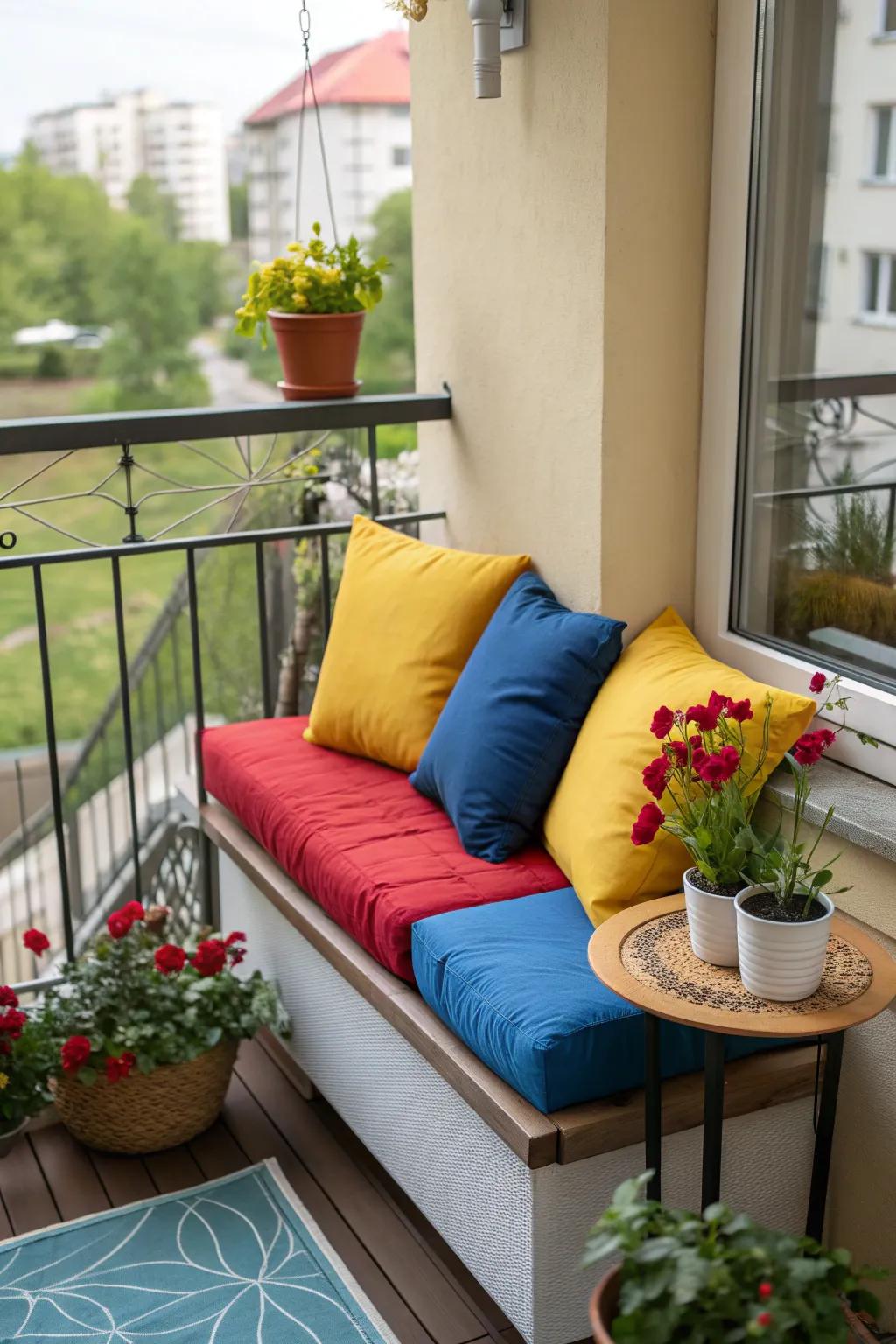 A small balcony with comfy cushioned seating and vibrant pillows.