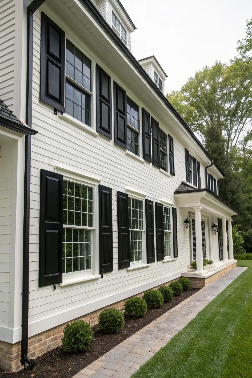 Bold contrast: Black windows framed by crisp white trim.
