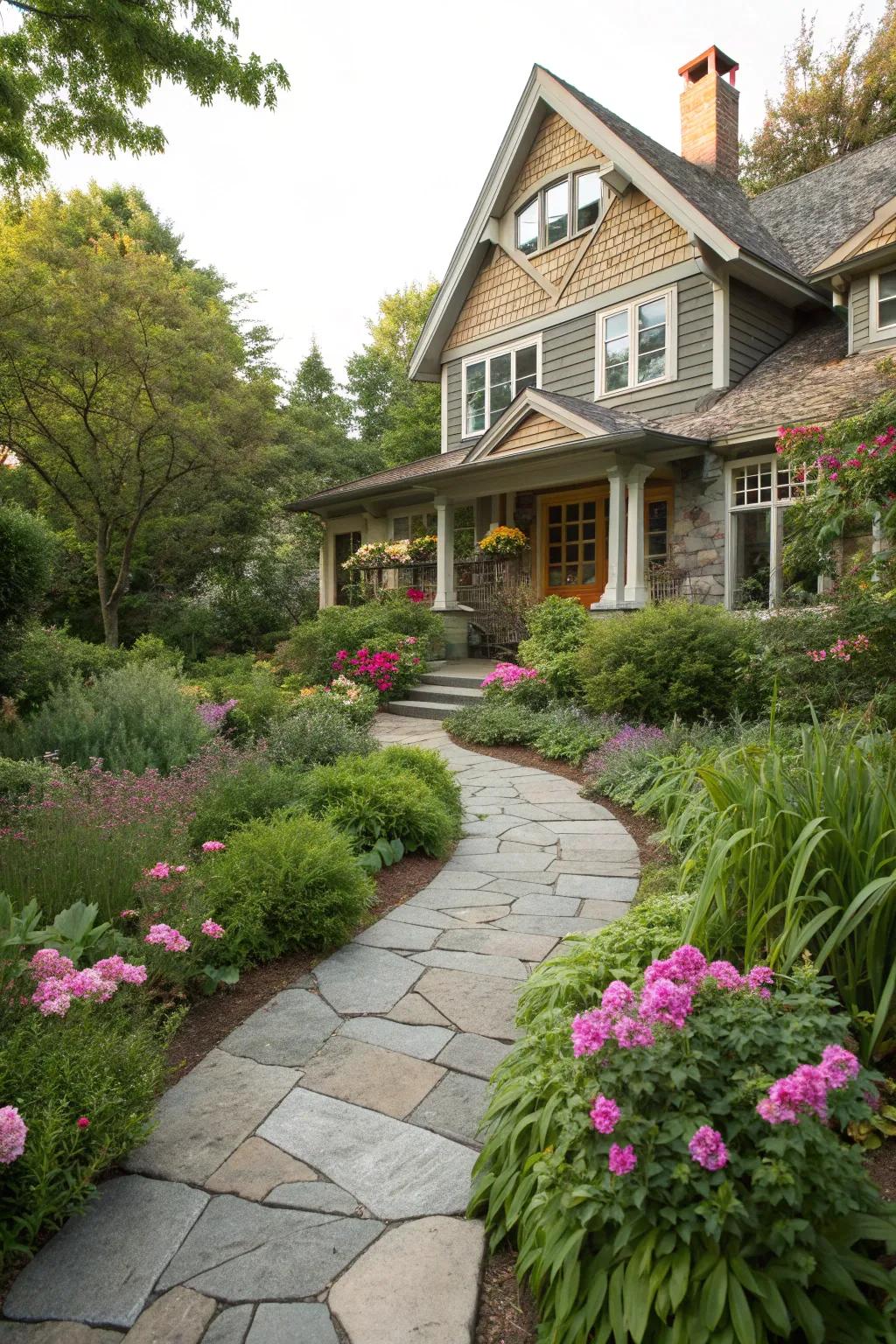 A craftsman house with a charming stone pathway winding through lush greenery.