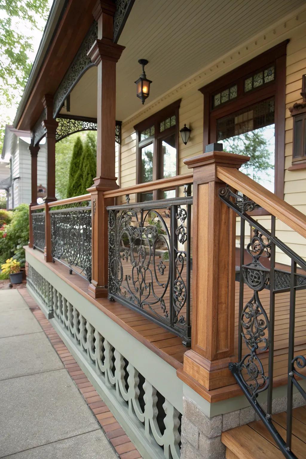 A classic blend of wood and metal creates a timeless craftsman railing.