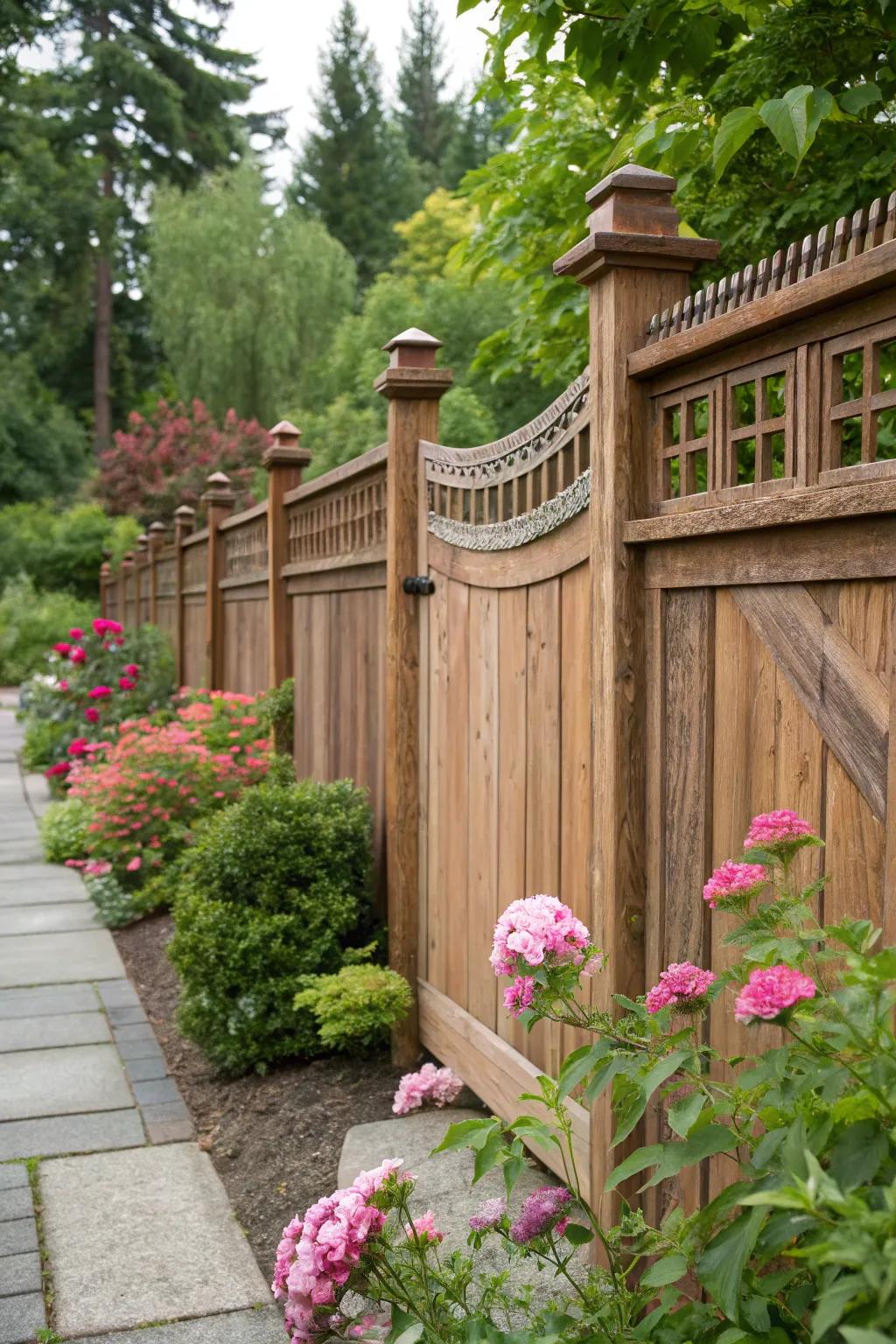 Warm cedar tones blend beautifully with the lush greenery of the garden.