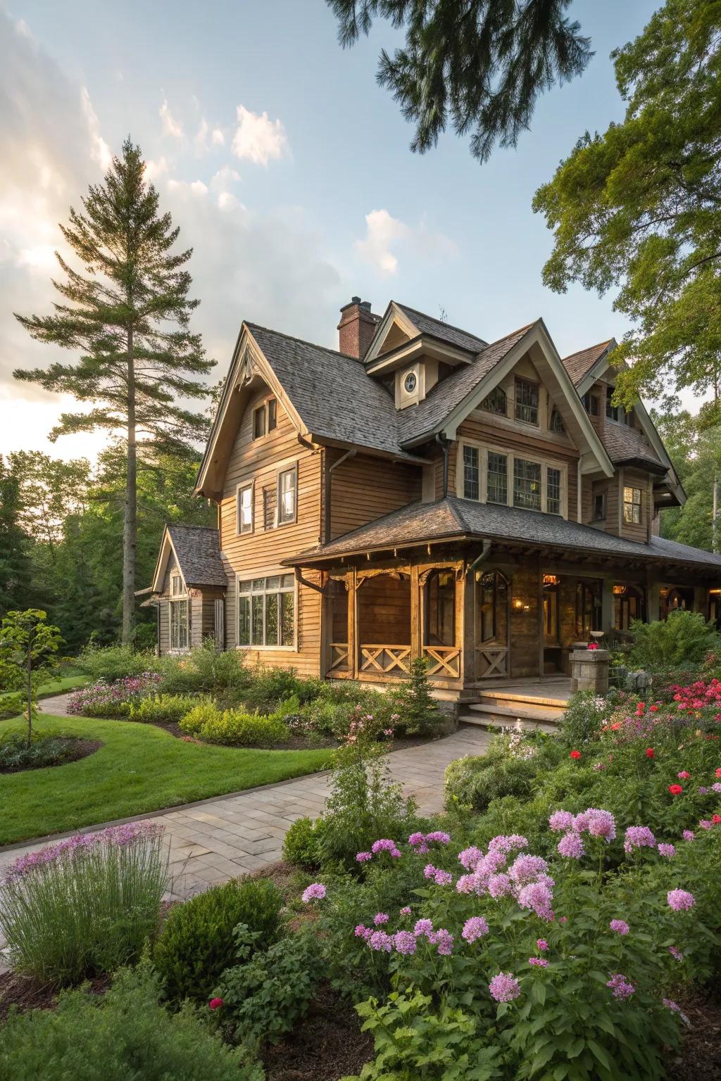 Natural wood siding exudes warmth and authenticity on this Craftsman-style home.