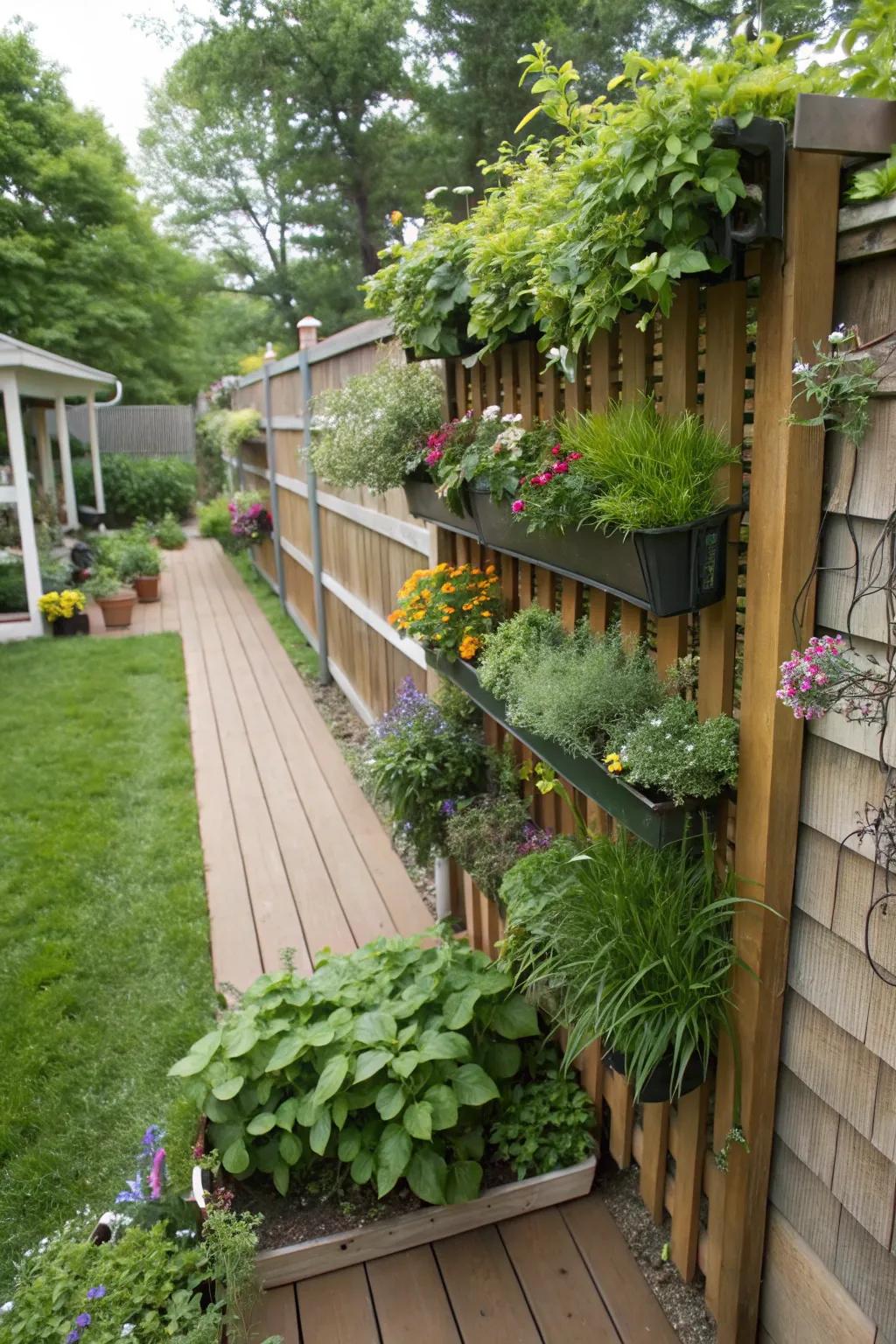 A fence adorned with a variety of herbs and flowers in vertical planters.