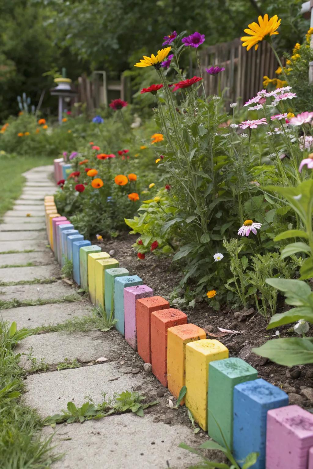 Brightly painted wooden blocks add a splash of color to garden edges.