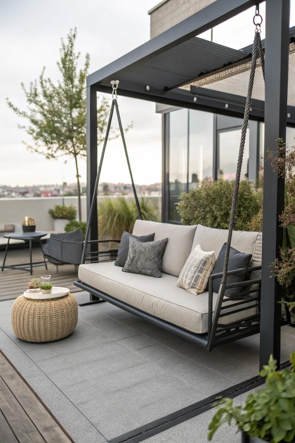 A modern sofa swing offers comfort and style for your patio.